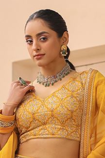 Picture of Beautiful Mustard Yellow Printed Designer Indo-Western Lehenga Choli for Haldi and Mehendi