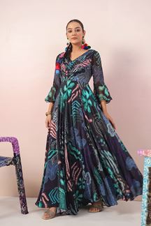 Picture of Awesome Blue Designer Indo-Western Gown for Reception and Party