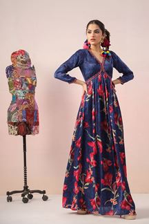 Picture of Amazing Navy Blue Floral Printed Designer Indo-Western Gown for Party and Sangeet