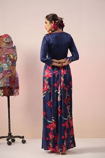 Picture of Amazing Navy Blue Floral Printed Designer Indo-Western Gown for Party and Sangeet