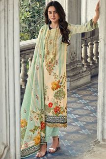 Picture of Charming Cream and Green Colored Designer Suit (Unstitched suit)