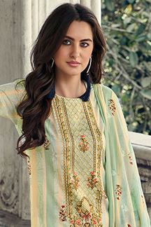 Picture of Charming Cream and Green Colored Designer Suit (Unstitched suit)