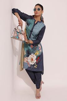Picture of Ethnic Blue Printed Designer Indo-Western Fancy Cut Kurti Set for Party and Casual Wear 