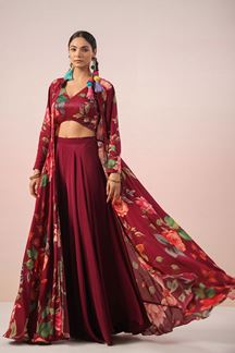 Picture of Classy Maroon Floral Printed Designer Indo-Western Suit for Reception and Party