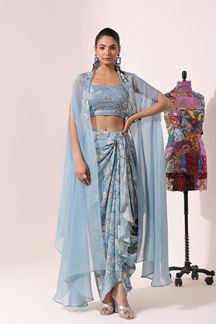 Picture of Creative Dusty Blue Designer Indo-Western Suit with Jacket for Party and Sangeet
