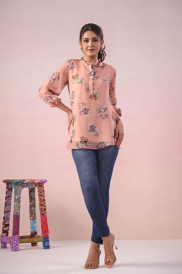 Picture of ImpressivePink Organza Designer Indo-Western Short Top for Casual Wear