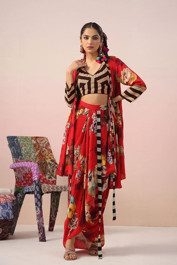 Picture of Stylish Red Printed Designer Indo-Western Suit with Jacket for Party and Haldi