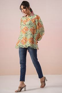 Picture of Glorious Green and Yellow Organza Designer Indo-Western Short Top for Casual Wear