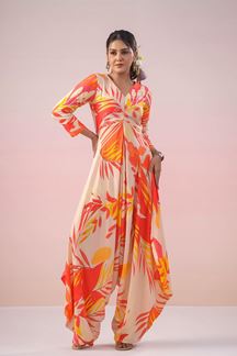 Picture of Fascinating Orange and Yellow Designer Indo-Western Jump Suit with Flared Pant for Party and Haldi