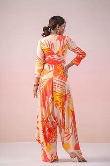 Picture of Fascinating Orange and Yellow Designer Indo-Western Jump Suit with Flared Pant for Party and Haldi