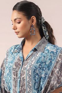 Picture of Splendid Blue Designer Indo-Western Fancy Cut Printed Dress for Party