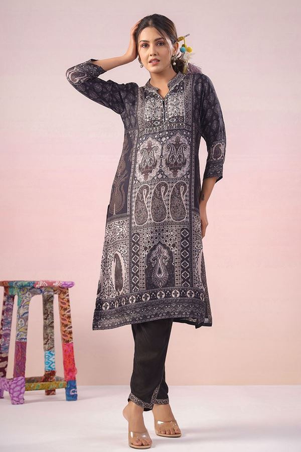 Picture of Divine Black Printed Designer Kurti Set for Party and Festival