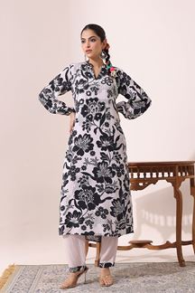 Picture of Dazzling Black &White Floral Printed Designer Kurti for Party and Festival