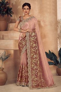 Picture of Heavenly Peach and Brown Shaded Designer Saree for Wedding, Engagement and Reception