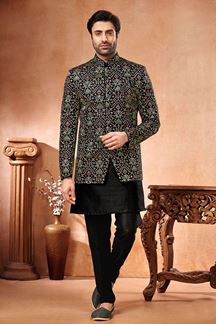 Picture of Captivating Black Designer Men’s Wear 3 Piece Jodhpuri Set for Engagement and Sangeet