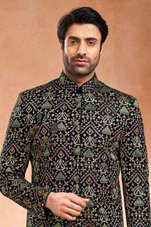 Picture of Captivating Black Designer Men’s Wear 3 Piece Jodhpuri Set for Engagement and Sangeet