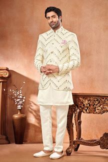 Picture of Spectacular Cream Designer Men’s Wear 3 Piece Jodhpuri Set for Engagement, and Reception
