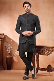 Picture of Splendid Black Designer Men’s Wear 3 Piece Jodhpuri Set for Sangeet and Reception