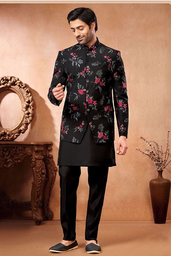 Picture of Amazing Black Designer Menswear 3 Piece Jodhpuri Set with Floral Embroidery for Sangeet and Reception