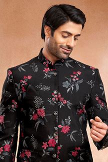 Picture of Amazing Black Designer Menswear 3 Piece Jodhpuri Set with Floral Embroidery for Sangeet and Reception