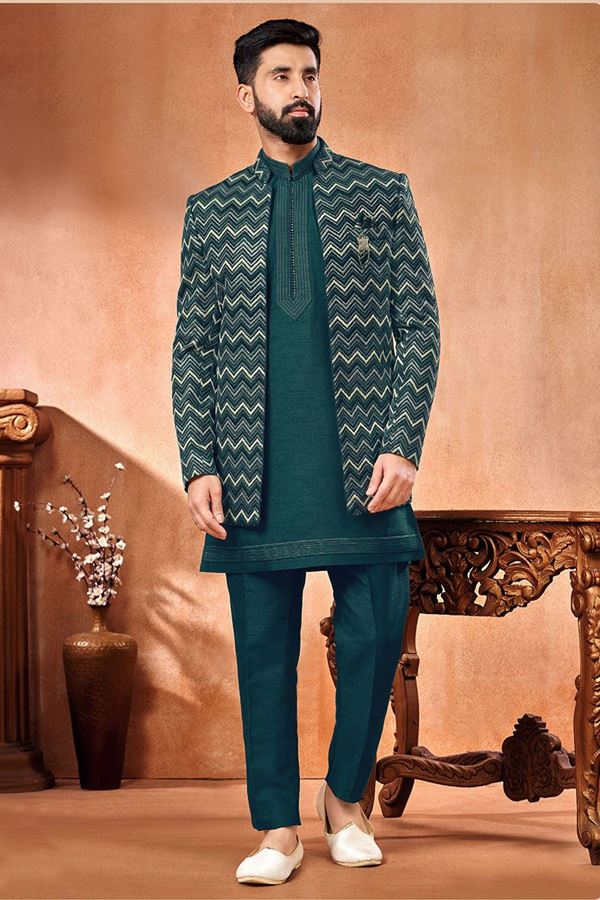 Picture of Awesome Rama Green Designer Men’s Wear 3 Piece Open Jodhpuri Set for Engagement and Sangeet