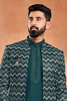 Picture of Awesome Rama Green Designer Men’s Wear 3 Piece Open Jodhpuri Set for Engagement and Sangeet