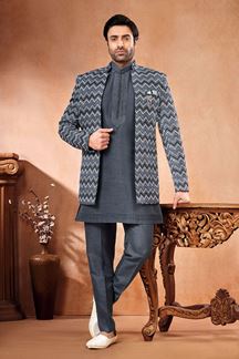 Picture of Impressive Grey Designer Menswear 3 Piece Open Jodhpuri Set for Engagement and Reception