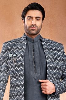 Picture of Impressive Grey Designer Menswear 3 Piece Open Jodhpuri Set for Engagement and Reception