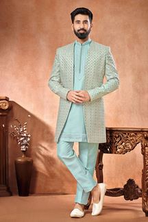 Picture of Delightful Sky Blue Designer Menswear 3 Piece Open Jodhpuri Set for Engagement and Sangeet