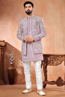 Picture of Aesthetic LavenderDesigner Men’s Wear 3 Piece Open Jodhpuri Set for Engagement, and Reception