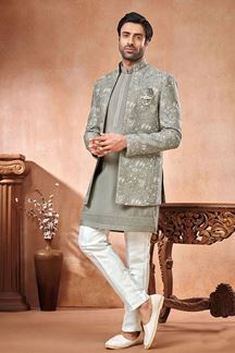 Picture of Exquisite Grey Designer Menswear 3 Piece Open Jodhpuri Set for Wedding, Engagement, and Reception