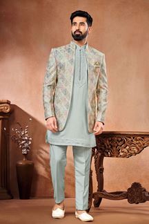 Picture of Charming Grey Designer Men’s Wear 3 Piece Open Jodhpuri Set for Engagement, and Sangeet