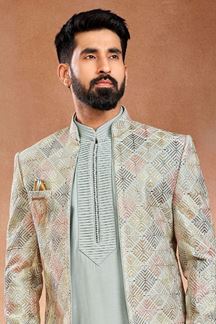 Picture of Charming Grey Designer Men’s Wear 3 Piece Open Jodhpuri Set for Engagement, and Sangeet