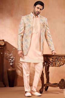 Picture of Exuberant Peach Designer Menswear 3 Piece Open Jodhpuri Set for Wedding, Engagement, and Reception