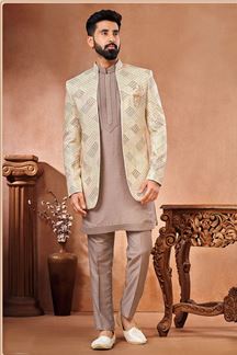 Picture of Classy Designer Men’s Wear 3 Piece Open Jodhpuri Set for Wedding, Engagement, and Reception