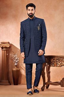 Picture of Appealing Navy Blue Designer Menswear 3 Piece Open Jodhpuri Set for Sangeet and Reception