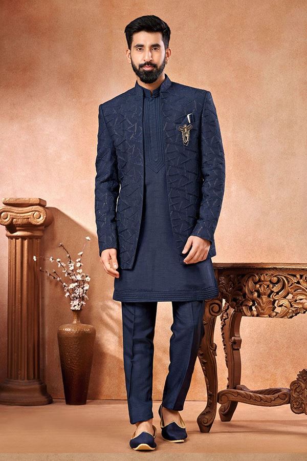 Picture of Appealing Navy Blue Designer Menswear 3 Piece Open Jodhpuri Set for Sangeet and Reception