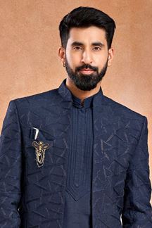Picture of Appealing Navy Blue Designer Menswear 3 Piece Open Jodhpuri Set for Sangeet and Reception