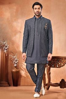 Picture of Fashionable Grey Designer Men’s Wear 3 Piece Open Jodhpuri Set for Engagement, and Reception