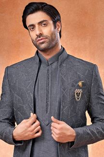Picture of Fashionable Grey Designer Men’s Wear 3 Piece Open Jodhpuri Set for Engagement, and Reception