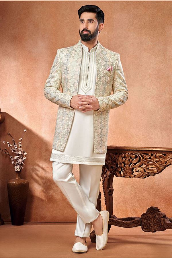 Picture of Magnificent White Designer Men’s Wear 3 Piece Open Jodhpuri Set for Wedding and Engagement