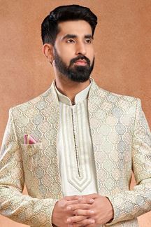 Picture of Magnificent White Designer Men’s Wear 3 Piece Open Jodhpuri Set for Wedding and Engagement