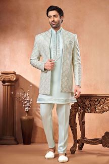 Picture of Marvelous Sky Blue Designer Men’s Wear 3 Piece Open Jodhpuri Set for Wedding and Engagement