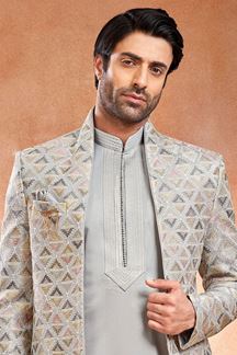Picture of Elegant Grey Designer Menswear 3 Piece Open Jodhpuri Set for Wedding and Engagement