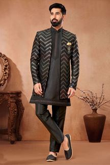 Picture of Dashing Black Designer Menswear 3 Piece Open Jodhpuri Set for Sangeet and Reception