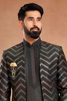 Picture of Dashing Black Designer Menswear 3 Piece Open Jodhpuri Set for Sangeet and Reception