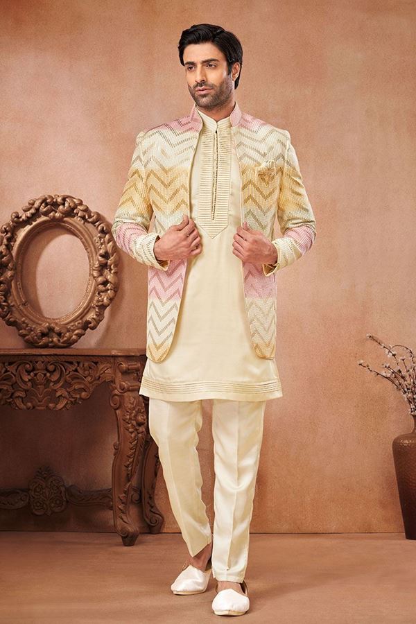 Picture of Attractive Cream Designer Men’s Wear 3 Piece Open Jodhpuri Set with Shaded Jacket for Haldi and Sangeet