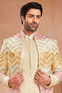 Picture of Attractive Cream Designer Men’s Wear 3 Piece Open Jodhpuri Set with Shaded Jacket for Haldi and Sangeet