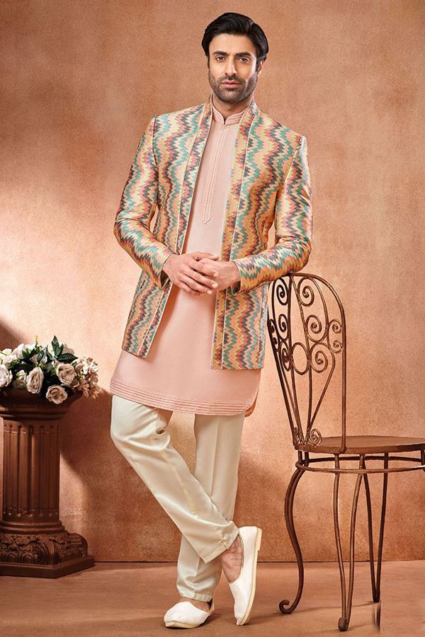 Picture of Captivating Peach Designer Men’s Wear 3 Piece Open Jodhpuri Set for Wedding and Engagement