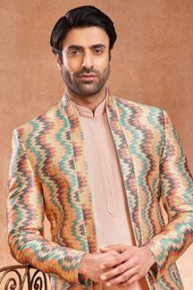 Picture of Captivating Peach Designer Men’s Wear 3 Piece Open Jodhpuri Set for Wedding and Engagement